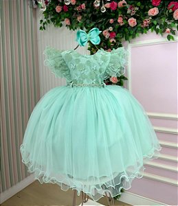 Vestido Infantil Verde Menta Com Renda Casamentos Festas Angelie
