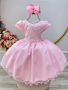 Vestido Infantil Rosa Claro Busto Nervura Daminhas Festas