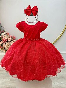Vestido Infantil Vermelho Busto Nervura Daminhas Festas