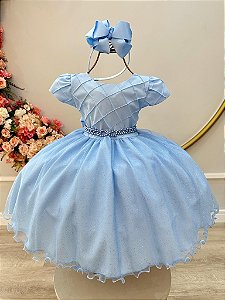 Vestido Infantil Azul Claro Busto Nervura Festas Daminhas