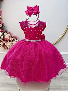 Vestido Infantil Pink com Pérolas Saia Glitter Daminhas