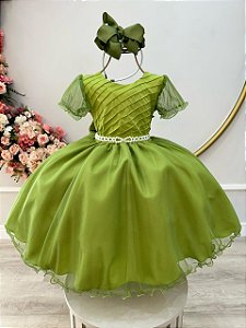 Vestido Infantil Verde Oliva Busto Plissado Daminhas