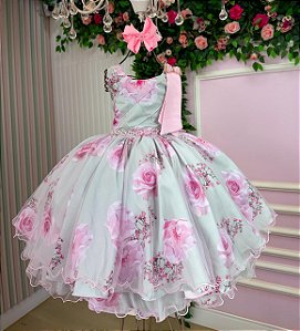 Vestido Verde Claro Infantil Florido Celina Festa Luxo