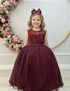 Vestido Infantil Longo Marsala com Renda Casamentos Festas