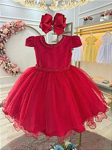 Vestido Infantil Vermelho Luxo com Pérolas Daminhas Festas