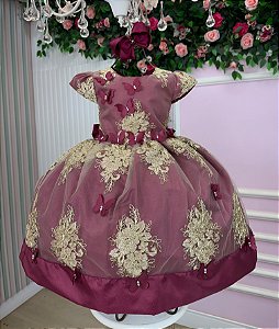 Vestido Jardim Encantado Marsala com Dourado Festa Infantil Marcelina