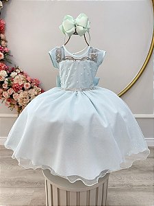 Vestido Infantil Verde Claro Pérolas Saia com Glitter Daminhas