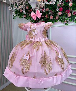 Vestido Jardim Encantado Rosa Bebe com Dourado Festa Infantil Marcelina