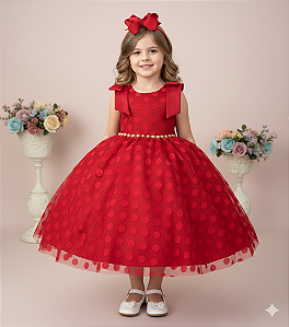 Vestido Vermelho Infantil Festa Luxo Poa Penelope