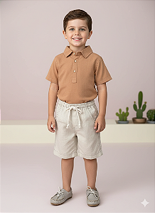 Conjunto Infantil Menino Shorts Linho Camisa Marrom