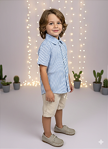 Conjunto Infantil Menino Shorts Camisa Azul Listrada