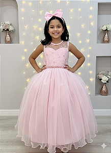 Vestido Infantil Rosa Claro Longo Renda Formatura Daminha