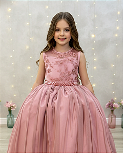 Vestido Infantil Rosé Longo Renda Formatura Daminha