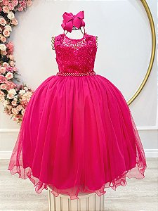 Vestido Infantil Pink Longo Renda Formatura Daminha