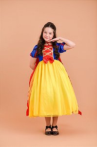Vestido Infantil Princesa Branca de Neve Longo Com Capa