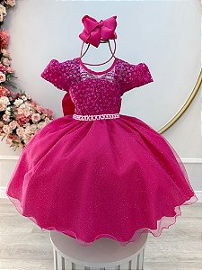 Vestido Infantil Pink Tule Bordado com Glitter Daminhas