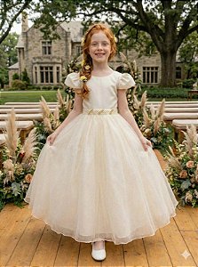 Vestido Infantil Formatura Bege Off White Longo Glitter Dama