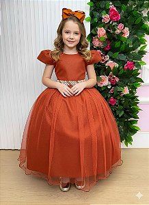 Vestido Infantil Formatura Terracota Longo Glitter Dama