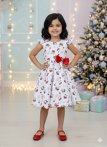 Vestido Infantil Branco Estampa Cereja Broche Luxo Festas