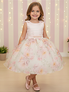Vestido Infantil Florido Pêssego Midi Festa