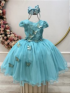 Vestido Infantil Verde Renda e Aplique Borboletas Damas Luxo
