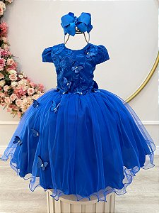 Vestido Infantil Azul Royal Renda Borboletas Daminhas Luxo