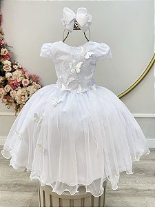 Vestido Infantil Branco Renda Borboletas Daminhas Luxo