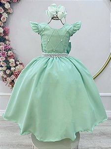 Vestido Infantil Verde Nervura com Pérolas Cinto Luxo