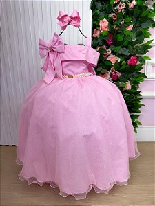 Vestido Infantil Longo Rosa Chiclete Formatura Tule Glitter Festa