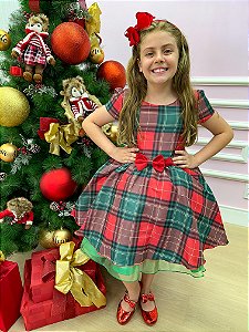 Vestido Infantil Xadrez Vermelho e Verde Natal