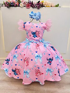 Vestido Infantil Rosa do Stitch e Angel Lilo Luxo