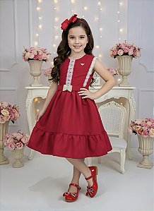 Vestido Infantil Vermelho com Guipir e Cinto Broche Festas