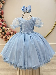Vestido Infantil Azul Claro Busto Renda Glitter Daminhas