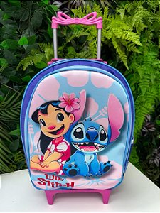 Mochila Escolar de Rodinhas Lilo e Stitch + Estojo de Brinde