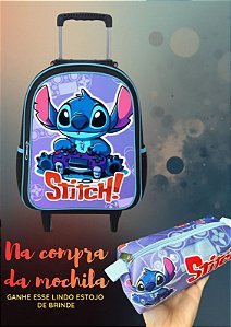 Mochila Escolar Rodinhas Stitch Masculino + Estojo de Brinde