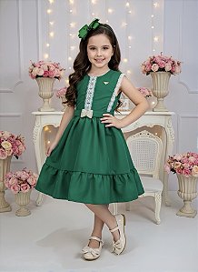 Vestido Infantil Verde Bandeira Guipir Cinto Broche Festas