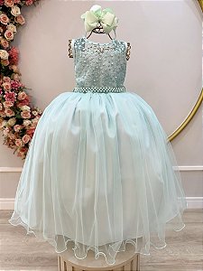 Vestido Infantil Longo Verde Menta Renda e Pérolas Damas Festa