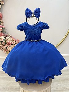 Vestido Infantil Azul Royal Renda Metalizada Tiara Daminhas