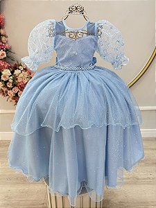 Vestido Infantil Azul Busto Renda Daminhas Festas Luxo
