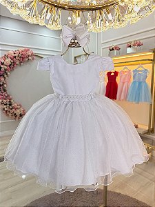 Vestido Infantil Branco Cinto de Pérolas Batizado Festas
