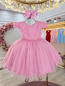Vestido Infantil Rosa Cinto de Pérolas Batizado Festas