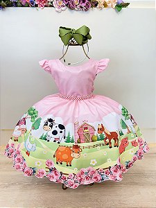 Vestido Infantil Fazendinha Rosa Festas Aniversário