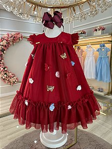 Vestido Infantil Bebê Marsala Jardim Encantado Luxo
