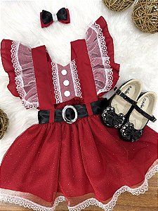 Romper Infantil de Natal Vermelho Laço Festas Luxo
