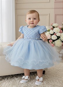 Vestido Bebê Azul Claro Busto Nervura Pérolas Batizados