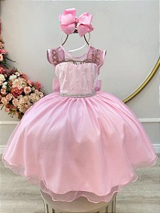 Vestido Infantil Rosa Claro Pérolas Saia Glitter Daminhas