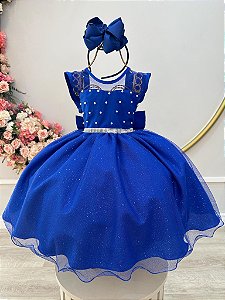 Vestido Infantil Azul Royal Pérolas Saia Glitter Daminhas