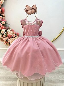 Vestido Infantil Rose com Pérolas Saia Glitter Daminhas
