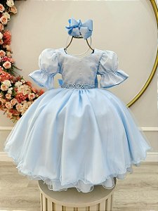 Vestido Infantil Azul Busto Bordado Daminhas Festas Luxo