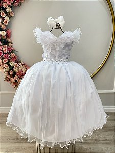 Vestido Infantil Longo Branco Com Apliques Daminhas Festas